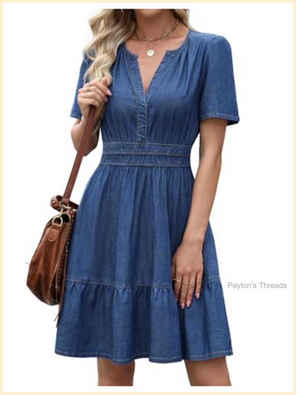 Women's Denim Mini Dress Short Sleeve V-Neck Jean Dress with Pockets